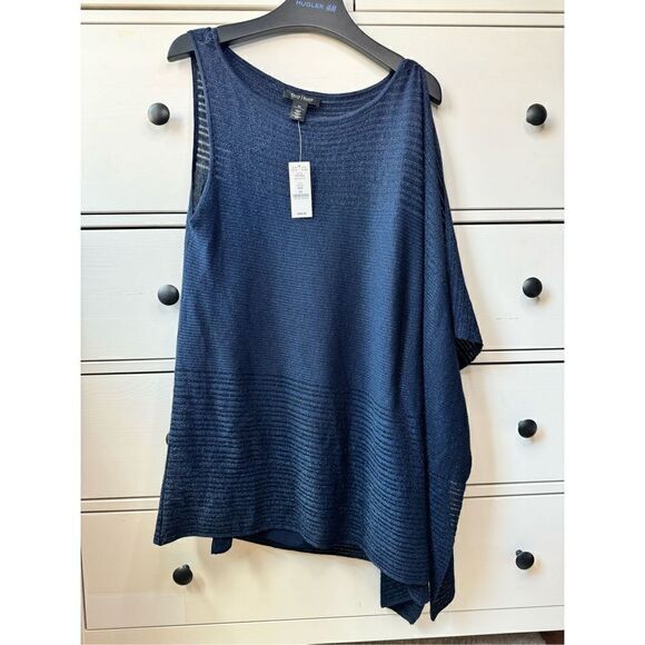 NWT WHITE HOUSE BLACK MARKET XS ASYMMETRIC DRAPE SLEEVE SHIMMER SWEATER NAVY $88 - Picture 1 of 17